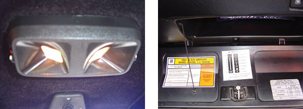 Luzes de leitura de duplo foco tanto na dianteira como na traseira / Informações sobre troca de óleo, manuseio do ar-condicionado e pressão dos pneus na tampa do porta-luvas